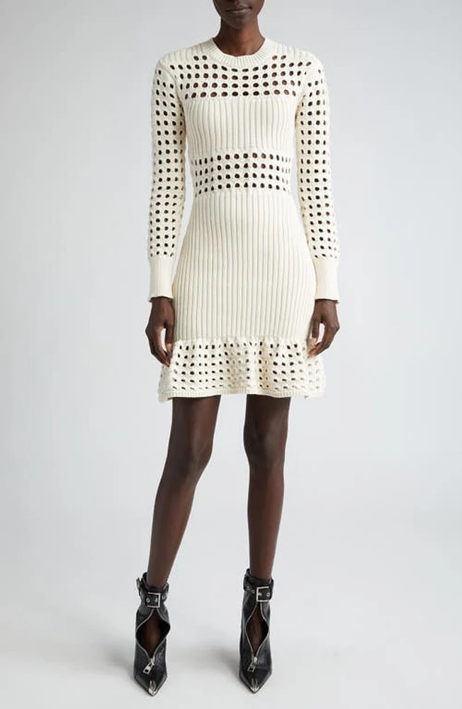 Alexander McQueen Long Sleeve 3D Mesh Mini Sweater Dress in Ivory at Nordstrom, Size Large