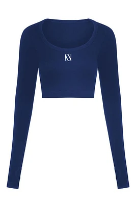 Nocturne Boat Neck Knit Crop Top in Navy Blue at Nordstrom