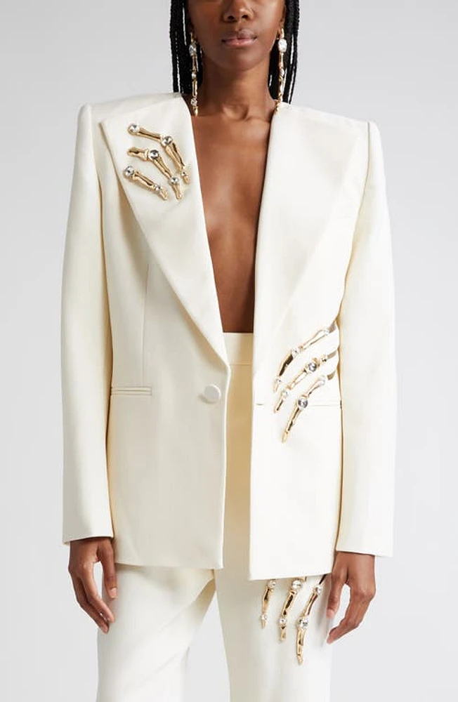 Area Crystal Claw Embellished Stretch Virgin Wool Blazer in Ivory at Nordstrom, Size 8