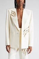 Area Crystal Claw Embellished Stretch Virgin Wool Blazer in Ivory at Nordstrom, Size 8