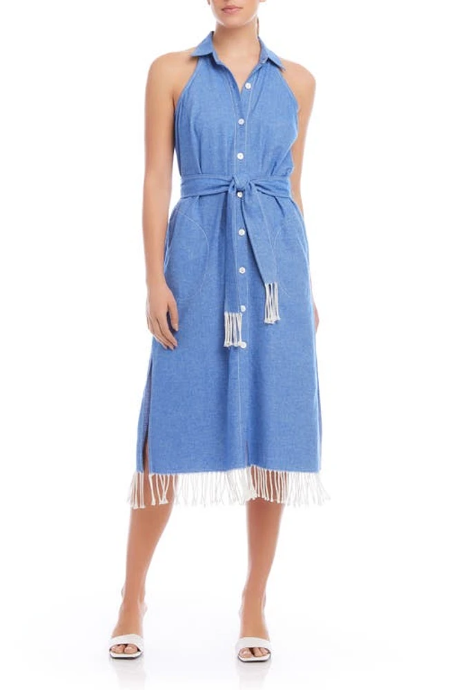 FIFTEEN TWENTY Sara Fringe Hem Sleeveless Cotton Blend Shirtdress Chambray at Nordstrom,