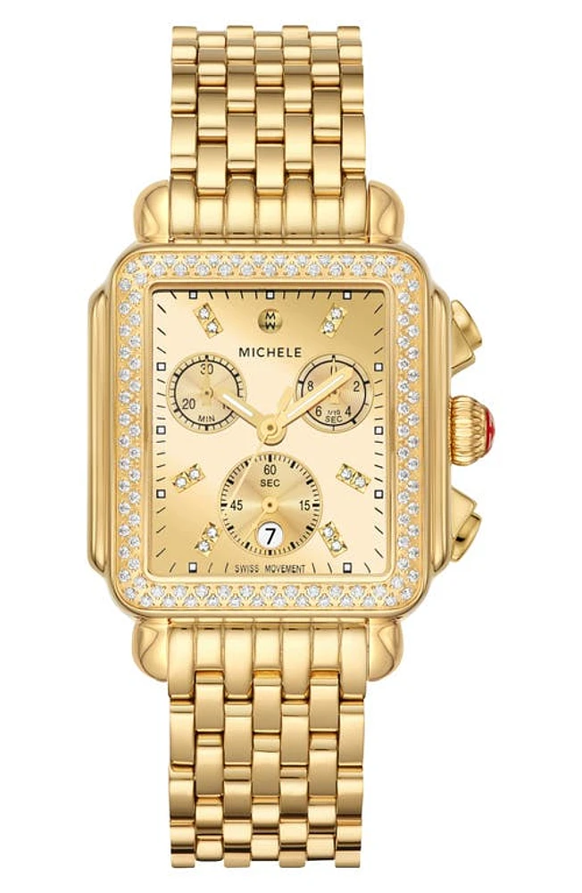 MICHELE Deco Diamond Chronograph Bracelet Watch, 35mm in Gold at Nordstrom