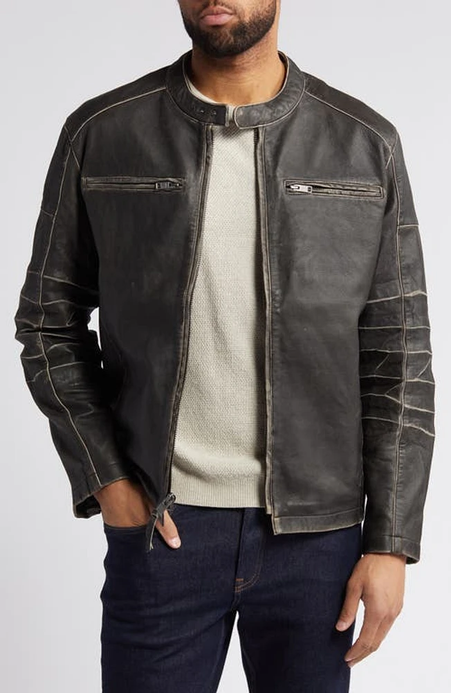 Frye Café Racer Distressed Water Repellent Leather Jacket Black at Nordstrom,