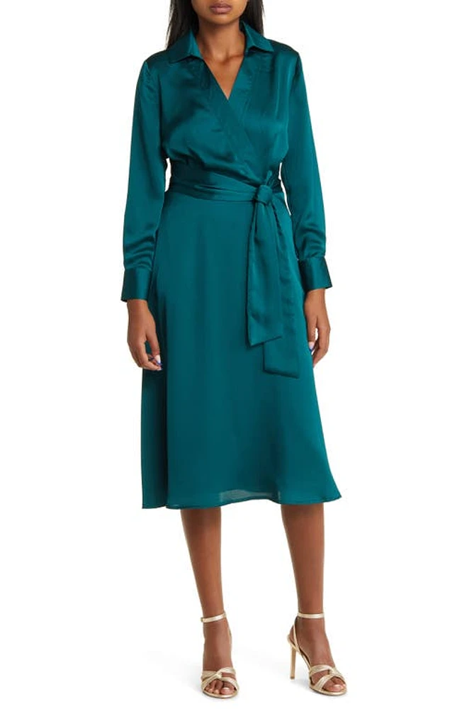 Tahari ASL Long Sleeve Hammered Satin Faux Wrap Midi Shirtdress at Nordstrom,