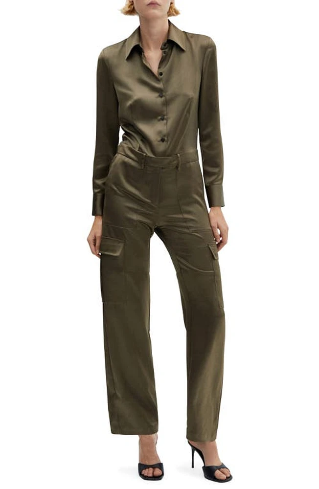 MANGO Kate Long Sleeve Satin Cargo Jumpsuit Beige - Khaki at Nordstrom,