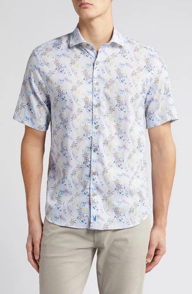 johnnie-O Lou Leaf Print Short Sleeve Stretch Button-Up Shirt Malibu at Nordstrom,