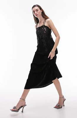 Topshop Velvet & Lace Midi Slipdress in Black at Nordstrom, Size 4 Us