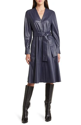 KOBI HALPERIN Fontana Belted Faux Leather Button Front Dress Navy at Nordstrom,