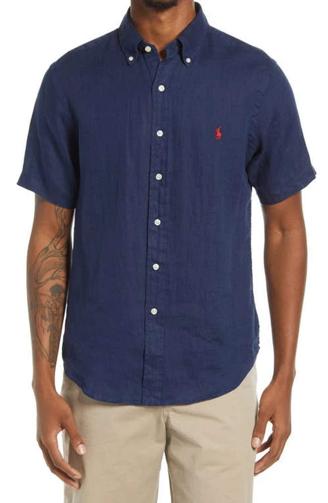 Polo Ralph Lauren Short Sleeve Linen Button-Down Shirt Navy at Nordstrom,