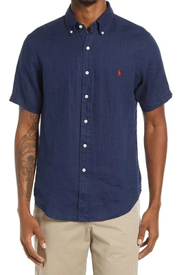 Polo Ralph Lauren Short Sleeve Linen Button-Down Shirt Navy at Nordstrom,