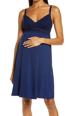 Belabumbum Tallulah Lace Trim Maternity/Nursing Chemise in Navy at Nordstrom, Size X-Large