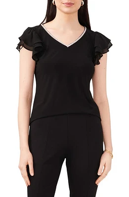 Chaus V-Neck Ruffle Sleeve Top Black at Nordstrom,