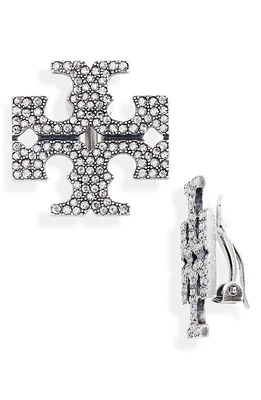 Tory Burch Kira Pavé Logo Clip Earrings in Silver /Silver at Nordstrom