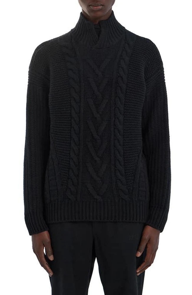 ZEGNA Cable Stitch Split Turtleneck Cashmere Sweater Nero at Nordstrom,