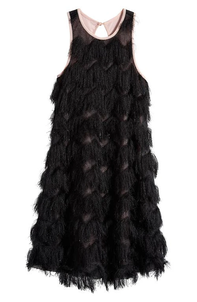 Ava & Yelly Kids' Eyelash Fringe Swing Dress Black at Nordstrom,