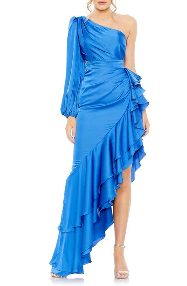 Ieena for Mac Duggal Pleated Cascade Detail One-Shoulder Satin A-Line Gown Cobalt at Nordstrom,