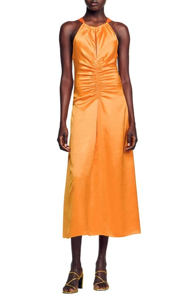 sandro Courtney Satin Midi Dress in Orange at Nordstrom, Size 2