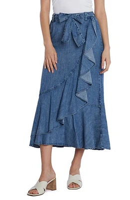 Wash Lab Denim Ruffle Faux Wrap Midi Skirt Blue at Nordstrom,