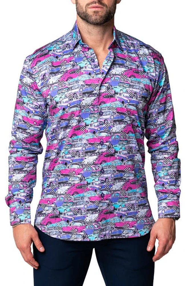 Maceoo Fibonacci Retro Cars Contemporary Fit Button-Up Shirt Blue Multi at Nordstrom,