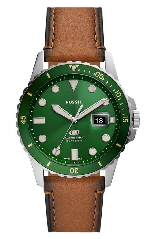 Fossil Leather Strap Watch, 42mm in Brown/silver/green at Nordstrom