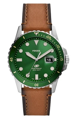 Fossil Leather Strap Watch, 42mm in Brown/silver/green at Nordstrom