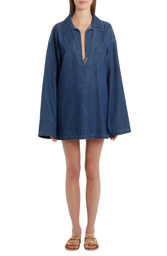 Valentino Garavani Plunge Neck Long Sleeve Denim Tunic 558-Medium Blue at Nordstrom, Us