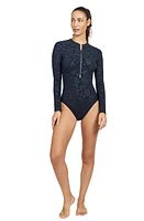 Free Sport by Gottex Geo Club Long sleeve High neck rashguard one piece swimsuit with zip. Black at Nordstrom,