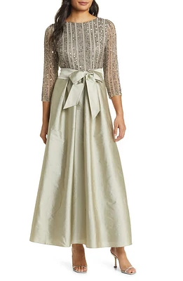 Pisarro Nights Bow Long Sleeve Sequin & Taffeta Gown Silver at Nordstrom,