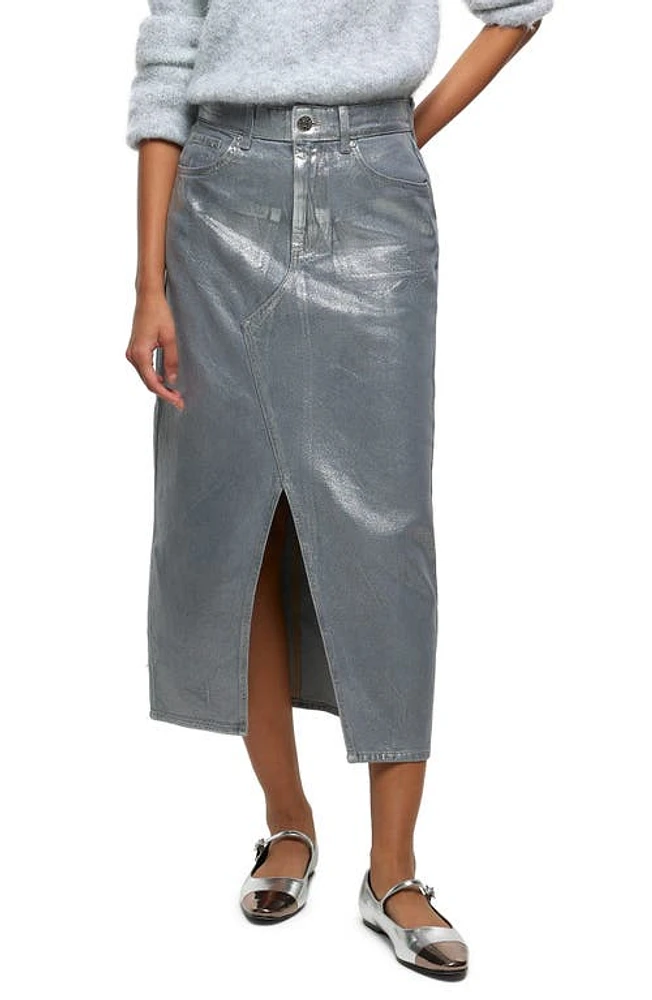 River Island Metallic Coated Cotton Denim Midi Skirt in Grey at Nordstrom, Size 10