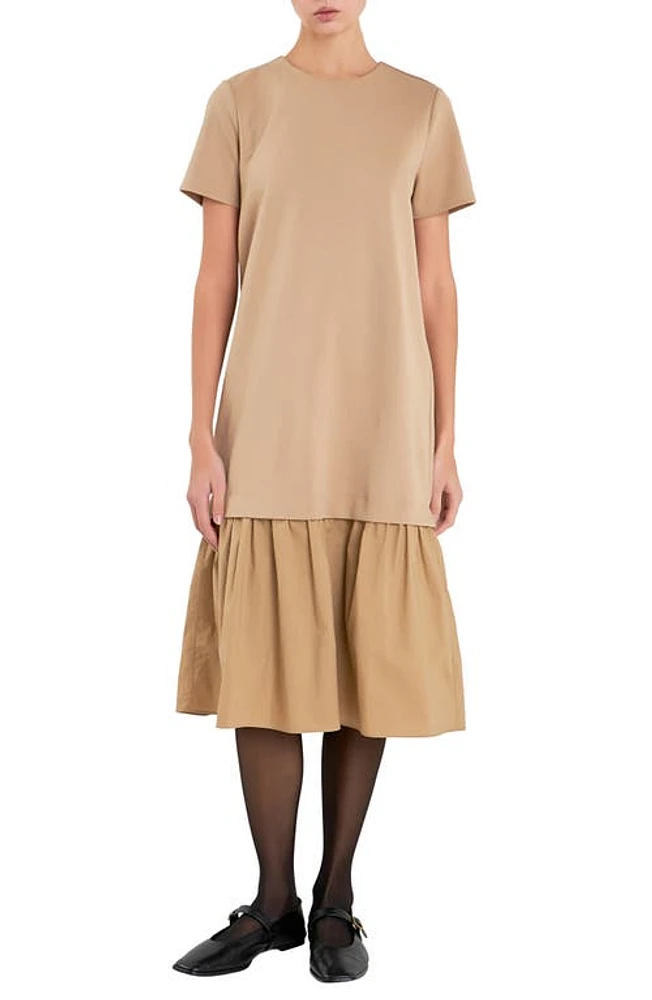 English Factory Mixed Media T-Shirt Dress Tan at Nordstrom,