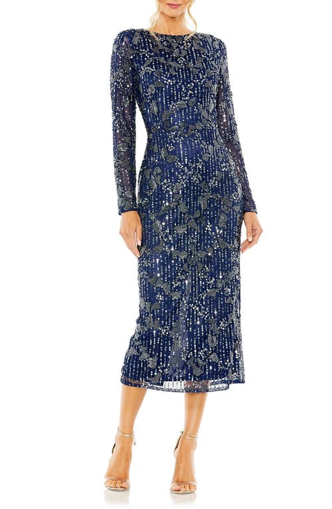 Mac Duggal Sequin Beaded Long Sleeve Cocktail Midi Dress at Nordstrom,