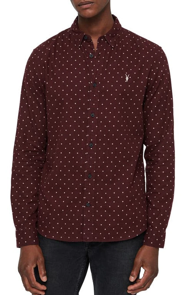 AllSaints Bethel Slim Fit Dot Flannel Shirt in Dark Rust/Ecru at Nordstrom, Size X-Large