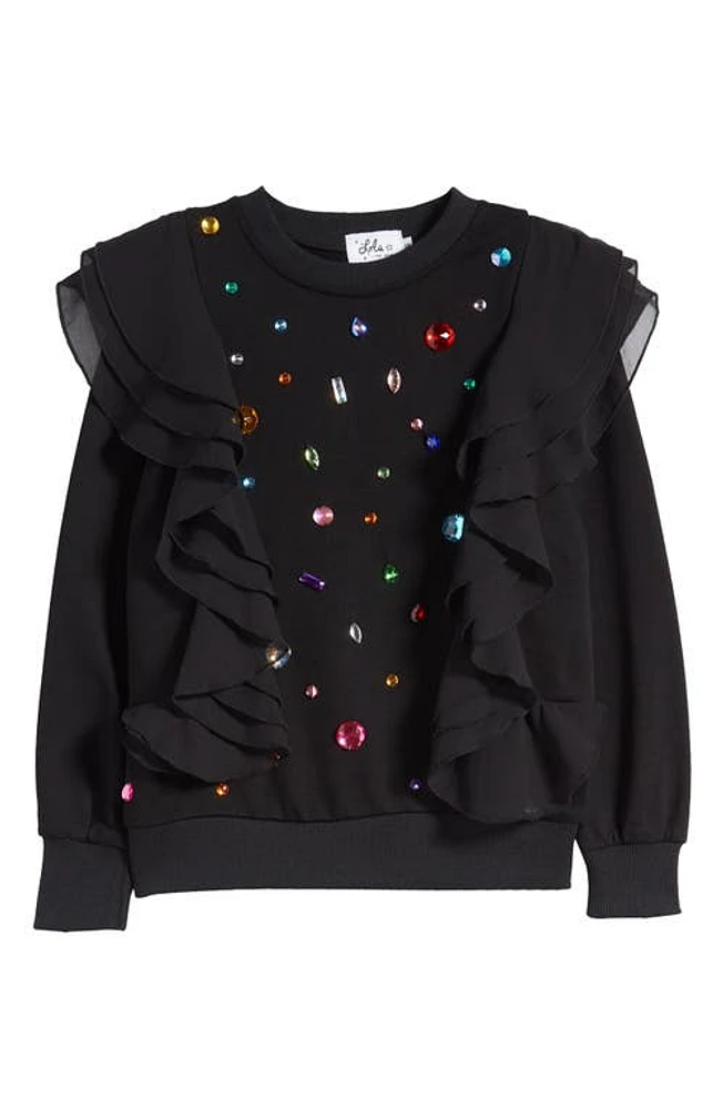 Lola & the Boys Kids' Rainbow Rhinestone Ruffle Sweatshirt Black at Nordstrom,