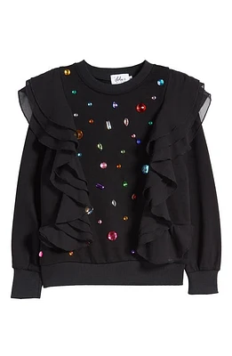 Lola & the Boys Kids' Rainbow Rhinestone Ruffle Sweatshirt Black at Nordstrom,