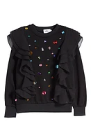 Lola & the Boys Kids' Rainbow Rhinestone Ruffle Sweatshirt Black at Nordstrom,