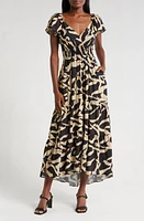 MELLODAY Printed Smocked Waist Maxi Dress Black/Taupe Print at Nordstrom,