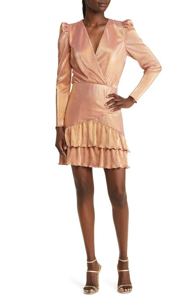 Saylor Karis Metallic Long Sleeve Plissé Minidress Rose Gold at Nordstrom,