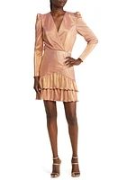 Saylor Karis Metallic Long Sleeve Plissé Minidress Rose Gold at Nordstrom,