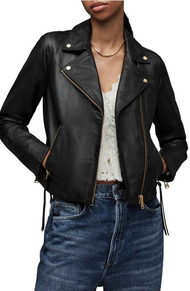 AllSaints Dalby Leather Biker Jacket Black/Gold at Nordstrom, Us