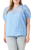 English Factory Sheer Plaid Short Puff Sleeve Top Blue at Nordstrom, X