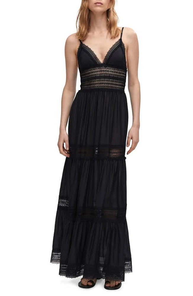 MANGO Lace Panel Maxi Dress Black at Nordstrom,