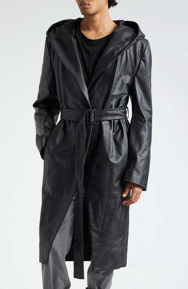 Rick Owens Hooded Leather Wrap Coat Black at Nordstrom, Us