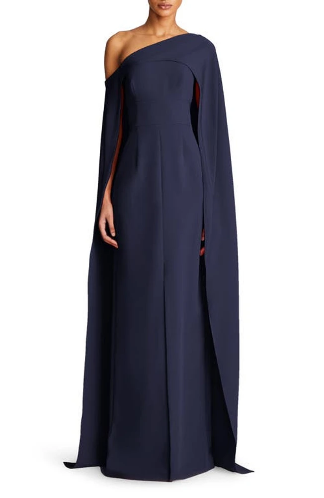 HALSTON Elycia Capelet Stretch Crepe Gown Navy at Nordstrom,