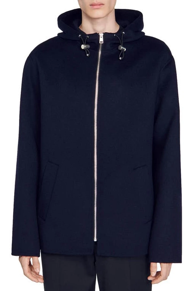 sandro Surf Hooded Double Face Wool Blend Jacket Navy at Nordstrom,