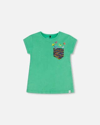 Deux Par Deux Little Girl's Organic Jersey Top With Print And Sequins Spring Green at Nordstrom