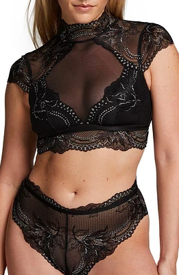 Hunkemöller Feye Metallic Cap Sleeve Lace & Mesh Bralette Caviar at Nordstrom,