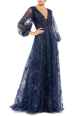 Mac Duggal Sequin Lace & Embroidery A-Line Gown Midnight at Nordstrom,