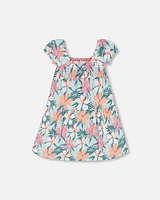 Deux Par Deux Girl's Smocked Crinkle Dress Blue Printed Beach Hibiscus in Blue Printed Beach Ibiscus at Nordstrom