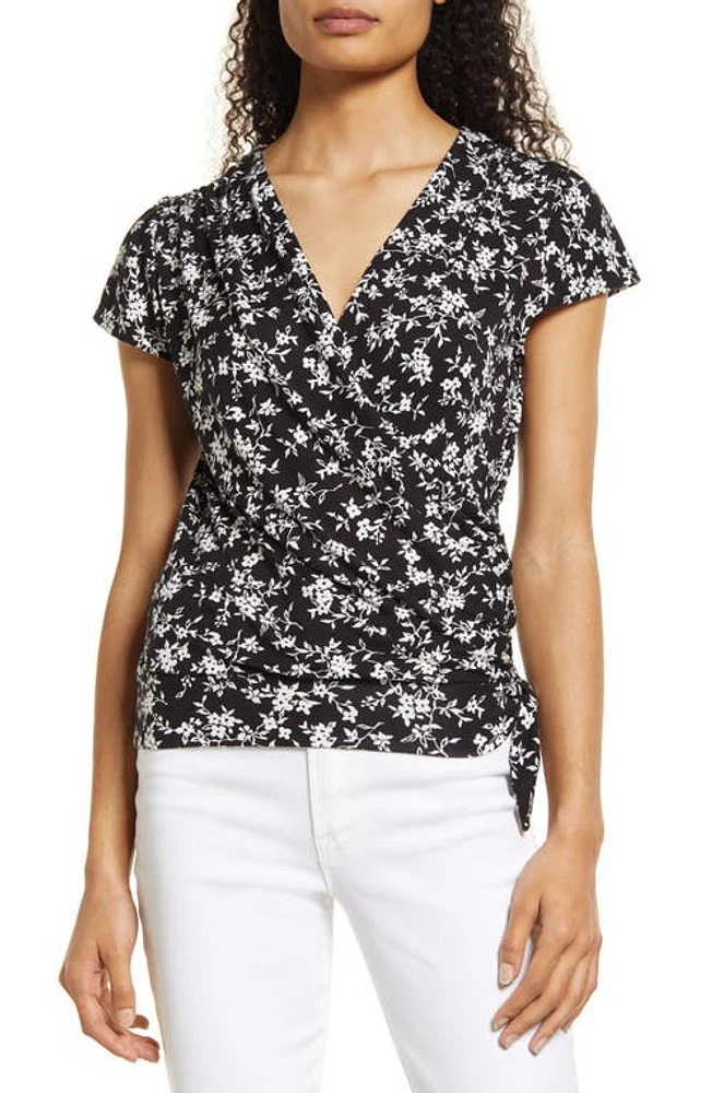 Loveappella Floral Print Faux Wrap Top Black at Nordstrom,