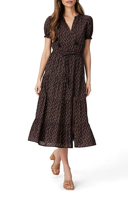 PAIGE Siera Floral Short Sleeve Midi Dress Black Multi at Nordstrom,